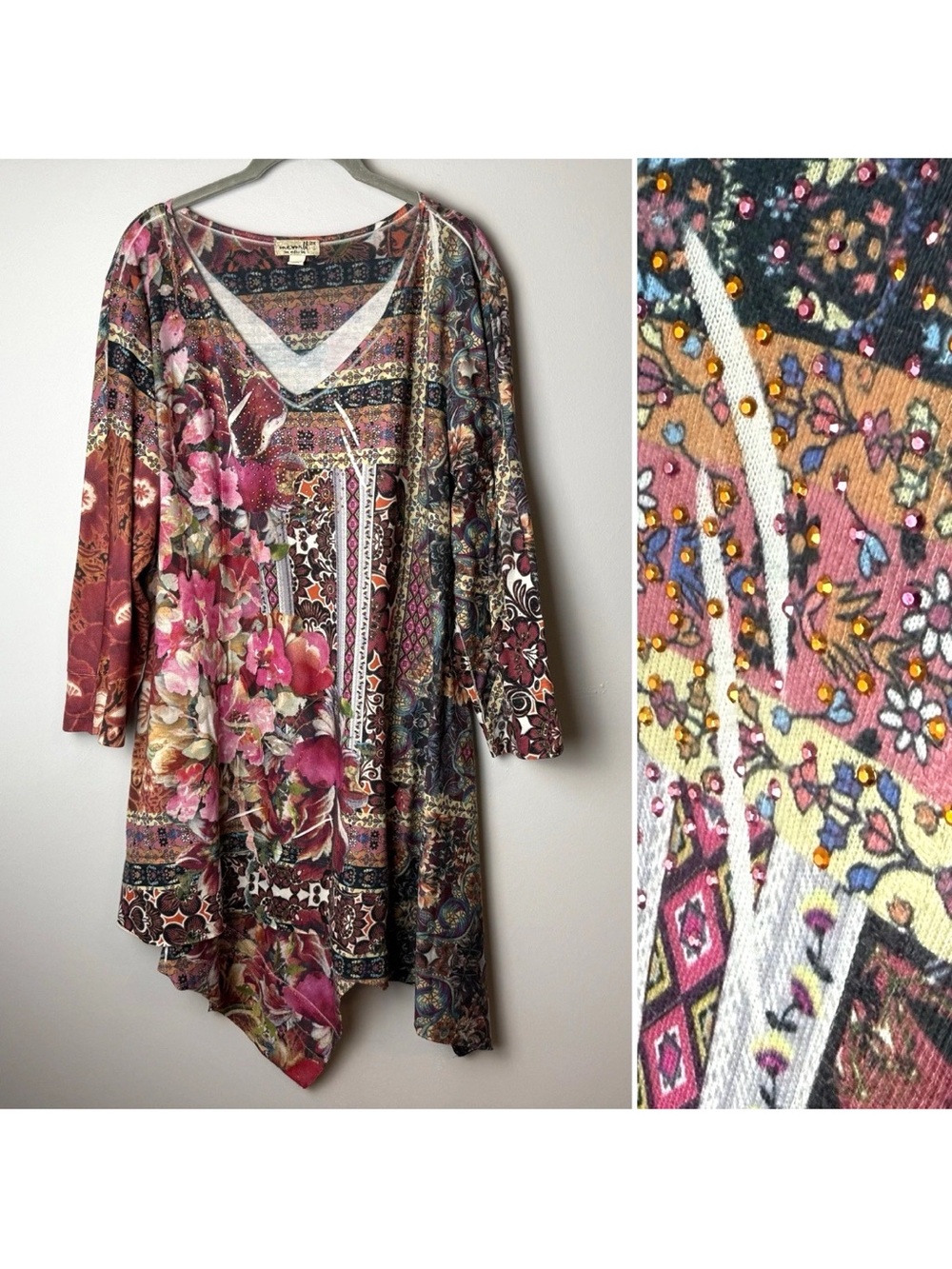 One World Tunic Top Plus Size 2X Floral Patchwork Boho Asymmetrical Sharkbite